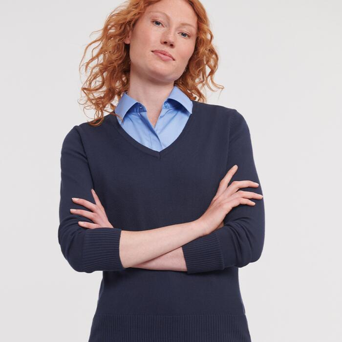 Russell Collection Russell Collection Ladies Cotton Acrylic V Neck Sweater 710F Russell Collection Ladies Cotton Acrylic V Neck Sweater Thumbnail